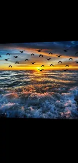 Stunning ocean sunset with flying birds, ideal for wallpaper.