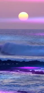 Vibrant ocean sunset with pink and purple colors and serene waves.