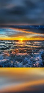 Vibrant sunset over ocean waves with a colorful sky.