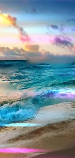 Vibrant ocean sunset wallpaper with colorful sky and waves.