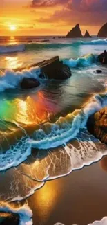 Vibrant ocean sunset with colorful waves crashing on rocks.