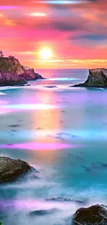 Vibrant ocean sunset with colorful sky and serene waters.