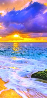 Vibrant sunset over ocean with colorful sky and waves crashing on the beach.