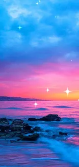 Vibrant ocean sunset wallpaper with pink and blue hues, showcasing serene coastal beauty.