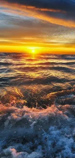 Vibrant ocean sunset with golden sky and dynamic waves.