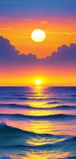 Mobile wallpaper of a vibrant ocean sunset with waves and golden sky.