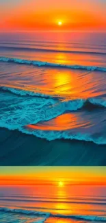 Vibrant sunset over ocean waves wallpaper.