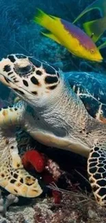 Sea turtle surrounded by colorful fish in an underwater scene.