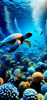 Vibrant underwater scene with a turtle over coral reef.