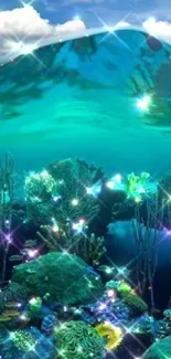 Vibrant underwater scene with coral reefs and sparkling ocean waves.