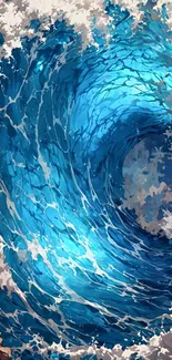 Artistic depiction of a vibrant ocean wave in blue hues.