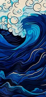 Colorful ocean wave art with deep blues and swirling clouds.