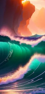 Vibrant ocean waves at sunset, perfect for mobile wallpaper.