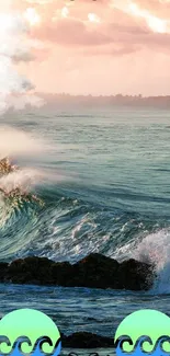 Ocean wave at sunrise with rocks under a pink sky.