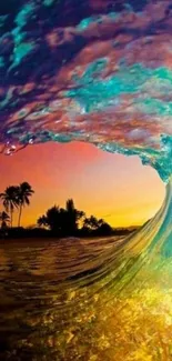 Colorful ocean wave framing a vibrant sunset beach scene.