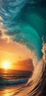 Stunning ocean wave with sunset background, vibrant and serene.