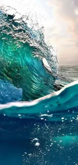 Turquoise ocean wave crashing in sunlight.