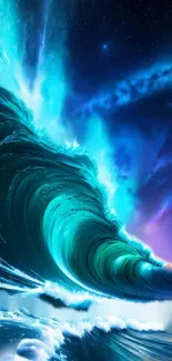 Vibrant teal ocean wave with cosmic sky.