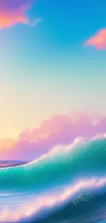 Vibrant ocean wave with sunset sky and colorful clouds on phone wallpaper.