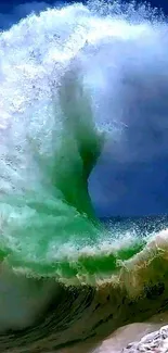 Vibrant ocean wave crashing dramatically on a sunny day.