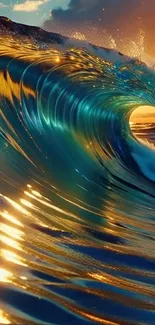 Vibrant ocean wave with sunset reflections.