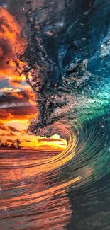 Dynamic ocean wave with vibrant sunset backdrop enhances your screen.