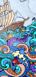 Colorful ocean waves with ship and marine life art.