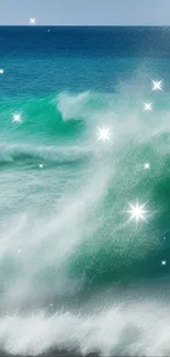 Vibrant turquoise waves crashing in the ocean, designed for mobile wallpaper.