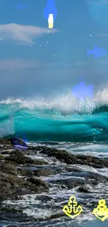 Dynamic turquoise ocean waves crash on a rocky shore.