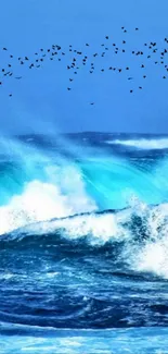 Vibrant ocean waves with flying birds