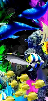 Colorful ocean wallpaper with dolphins and fish.