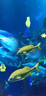 Colorful fish swim in a vibrant blue ocean scene, creating a serene wallpaper.