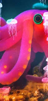 Bright pink octopus with glowing jellyfish in an underwater setting.