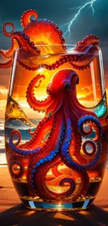 Surreal artwork of an octopus inside a glass on a beach at sunset.