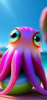 Cute pink octopus on a beach with vibrant colors in a digital artwork.