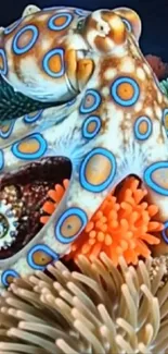 Blue-ringed octopus on vibrant coral reef.