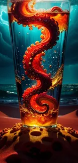 Vibrant octopus tentacle in glass with ocean background.