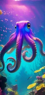 Vibrant purple octopus in underwater scene with colorful coral.