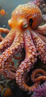 Vibrant underwater octopus amidst colorful corals.
