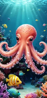 Cartoon octopus in colorful underwater scene