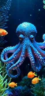 Vibrant octopus with fish in a colorful underwater scene.
