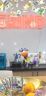 Neon-lit office with money-themed decor and colorful cow sculpture.