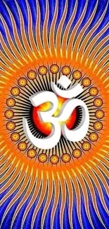 Vibrant Om symbol with radiant patterns in orange and blue.