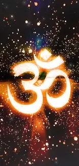 Vibrant Om symbol glowing with cosmic energy on a black background wallpaper.