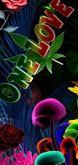 Colorful 'One Love' wallpaper with flowers and leaves.