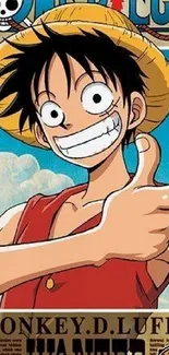 Luffy giving a thumbs up against a bright blue sky.