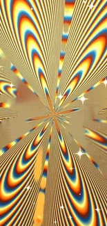 Vibrant gold and rainbow optical illusion wallpaper with star sparkles.