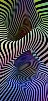 Colorful optical illusion striped art creating a 3D effect.