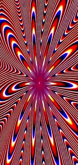 Vibrant optical illusion with red, blue, and yellow patterns creating a dynamic design.