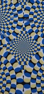 Vibrant optical illusion wallpaper with blue, yellow, and black concentric circles.